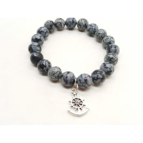 Natural Snowflake Obsidian with Anchor Charm Bracelet